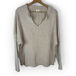 BKE Womens Large Oversized V Neck Ribbed Sweater Beige Tan Striped Slouchy